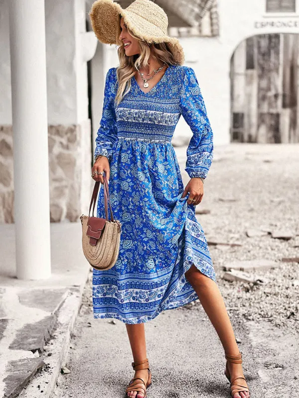 Bohemian Midi Dress with Floral Print and Smocked Bodice