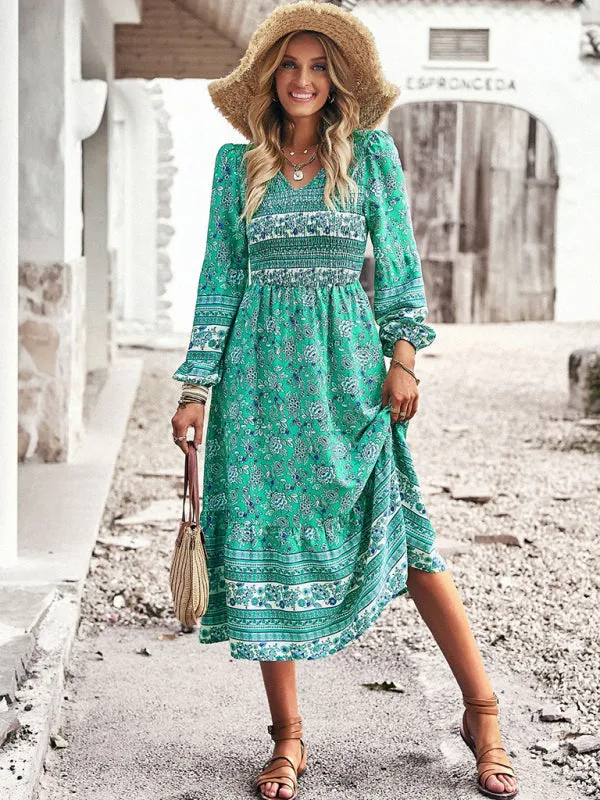 Bohemian Midi Dress with Floral Print and Smocked Bodice
