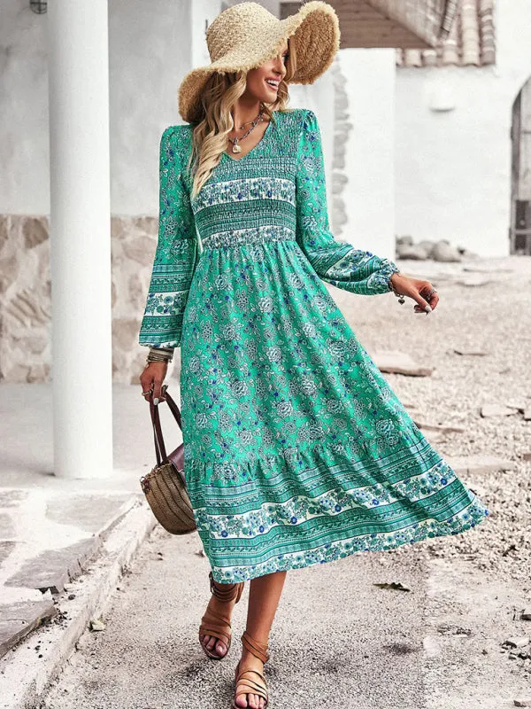 Bohemian Midi Dress with Floral Print and Smocked Bodice