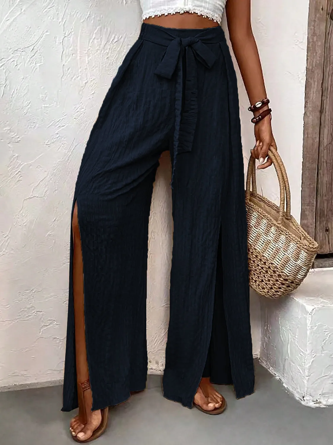 Boho Honey Tied Slit Wide Leg Pants (2 Colors)