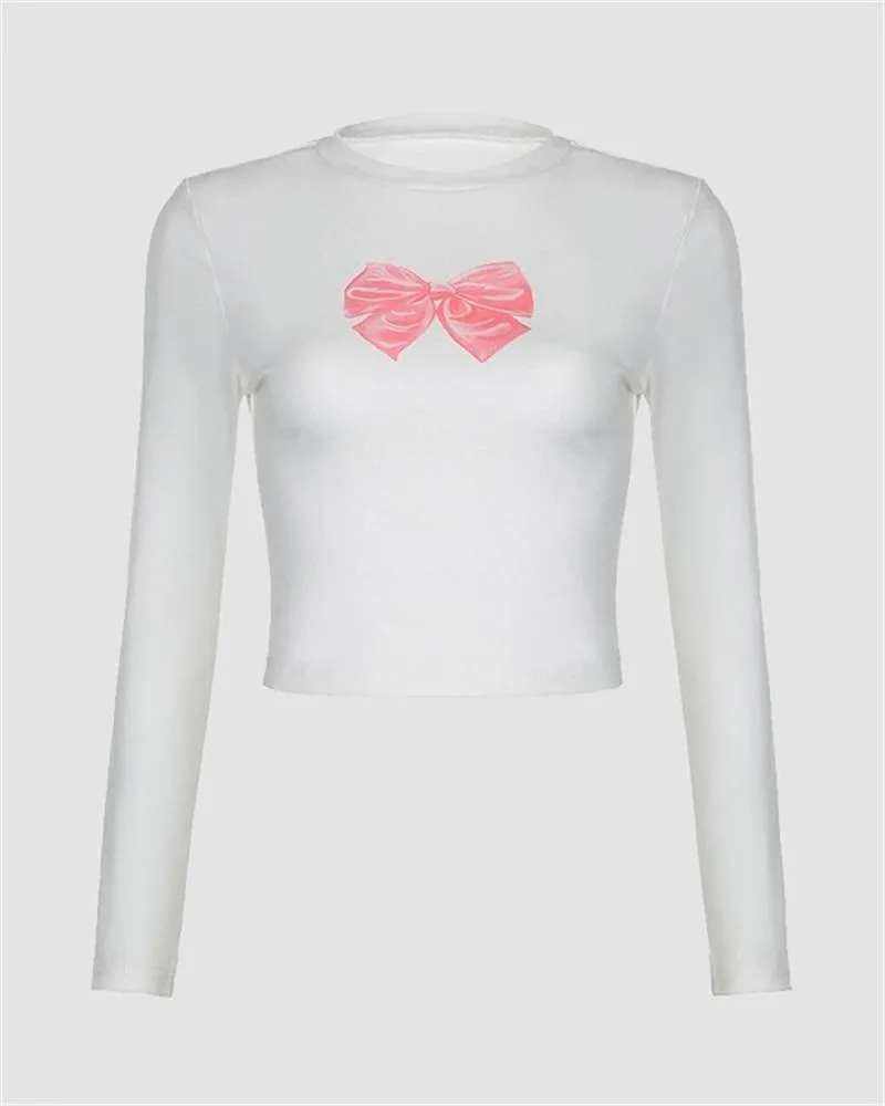 Bow Print Round Neck Long Sleeved T-shirt