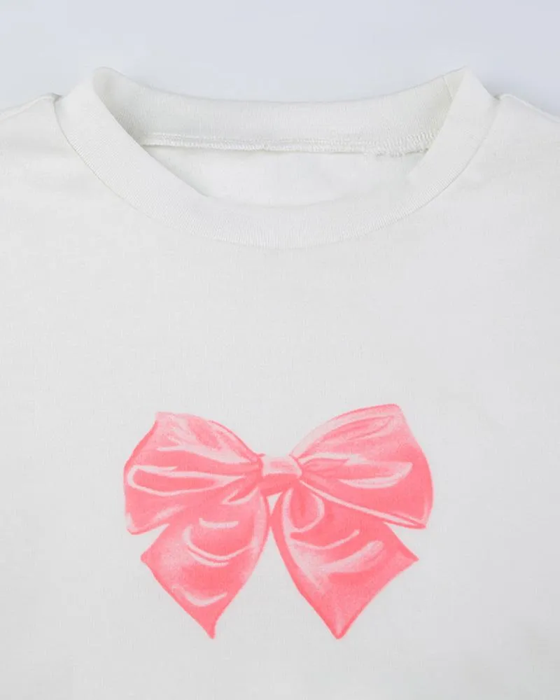 Bow Print Round Neck Long Sleeved T-shirt