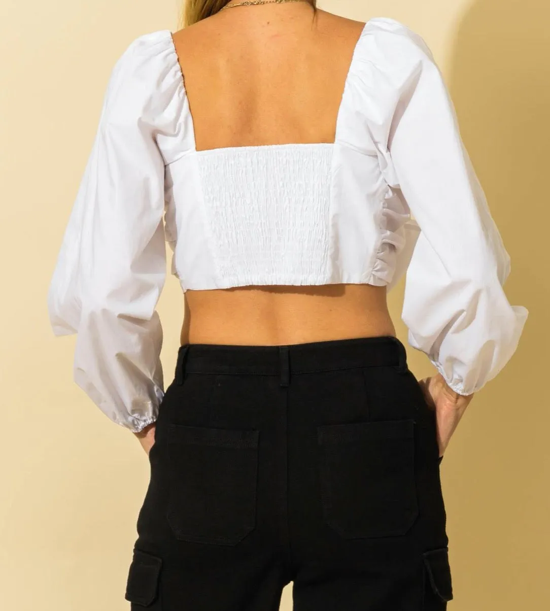 Bow Tie Balloon Sleeve Crop Top