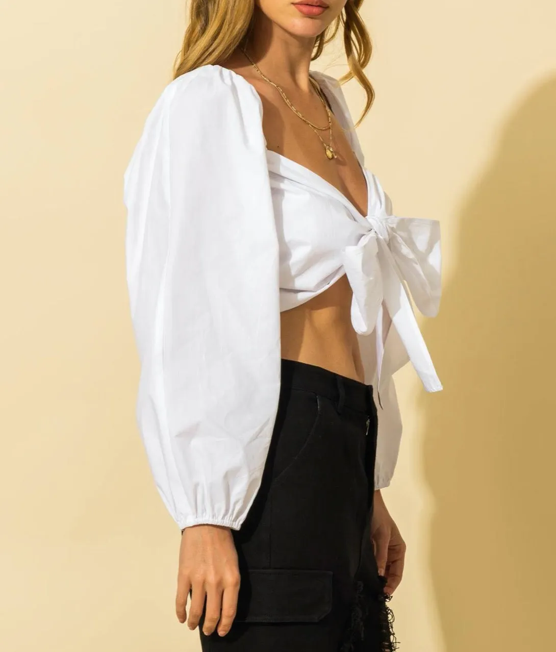 Bow Tie Balloon Sleeve Crop Top