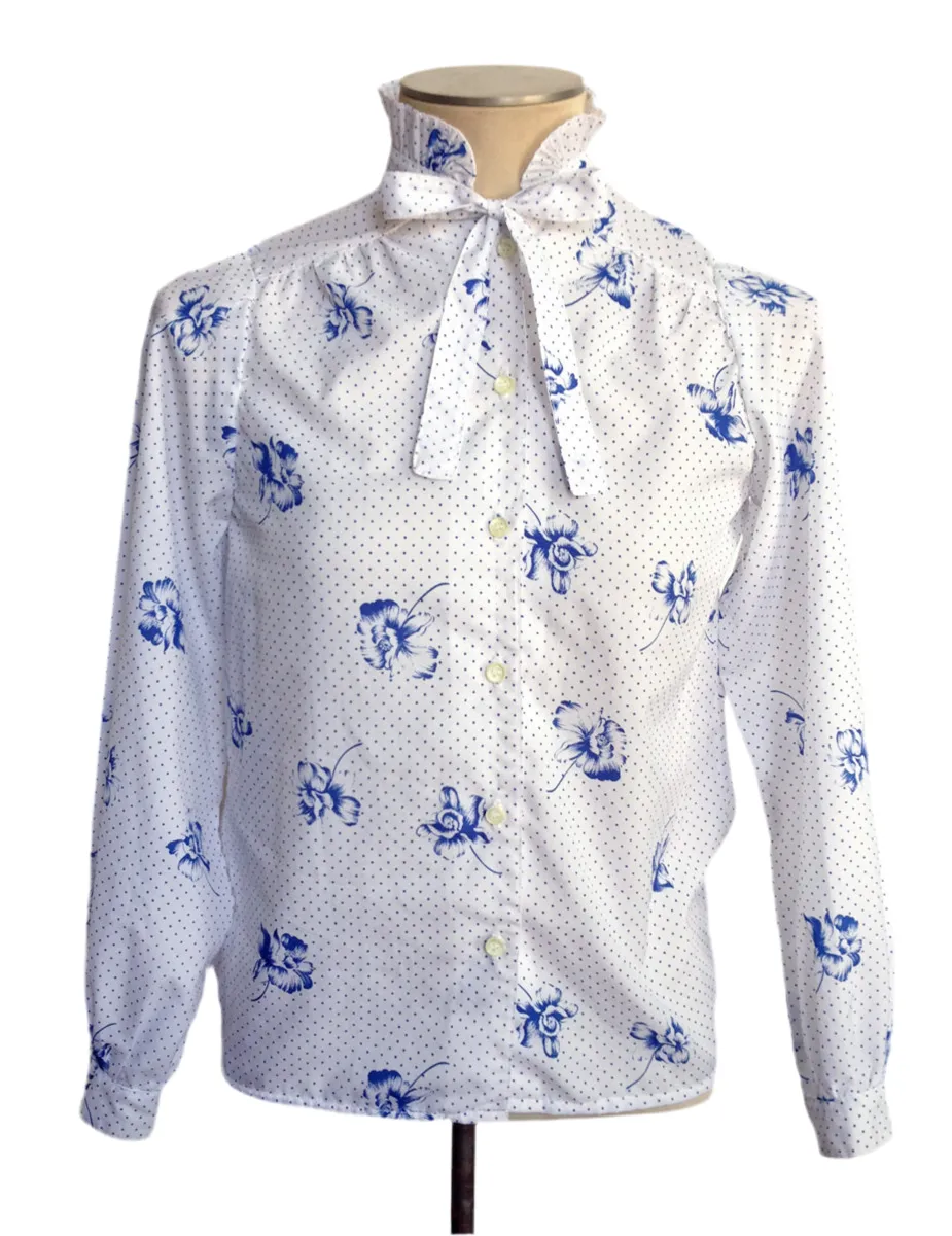 Bow Tie Blouse Blue Polka Dot Floral