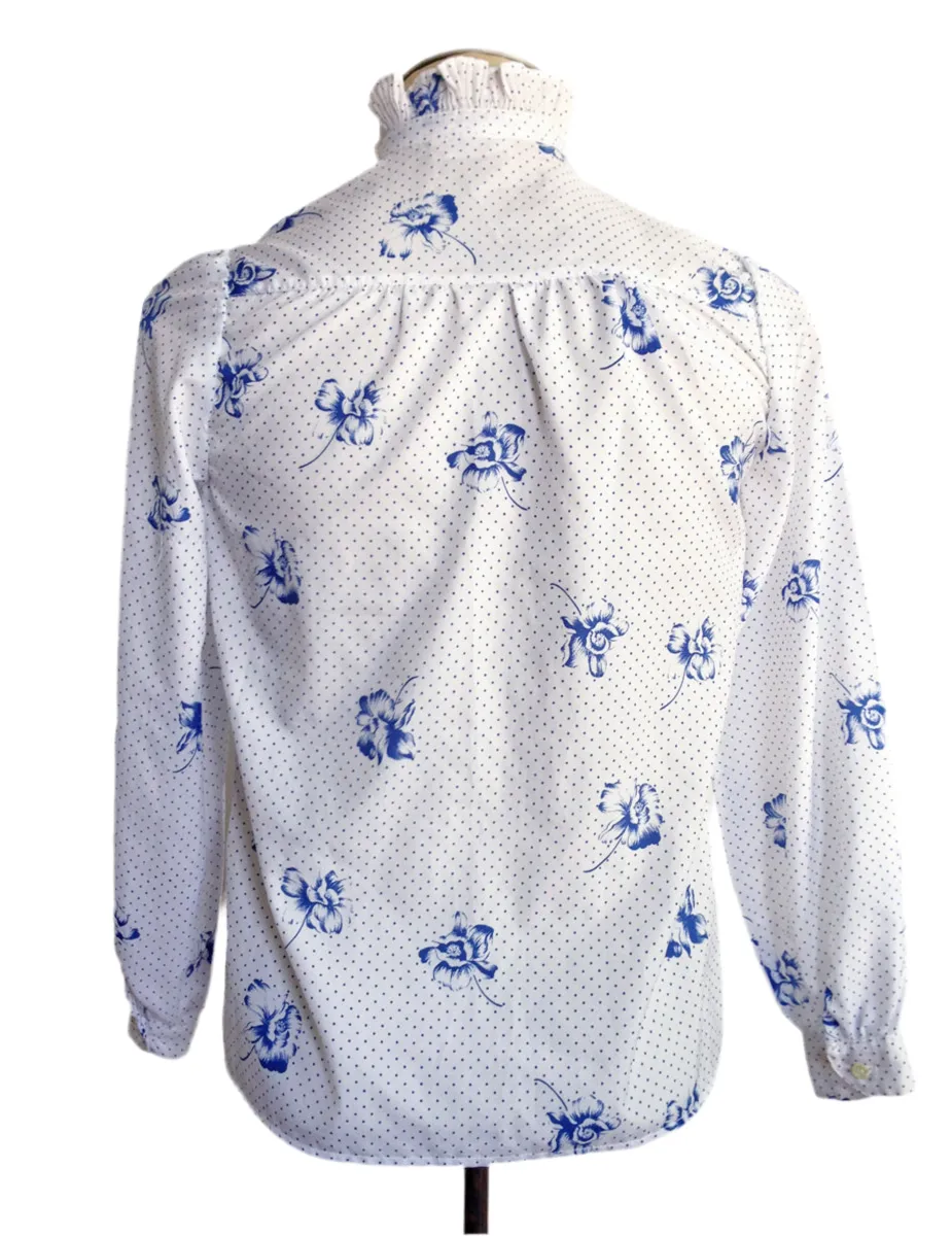 Bow Tie Blouse Blue Polka Dot Floral