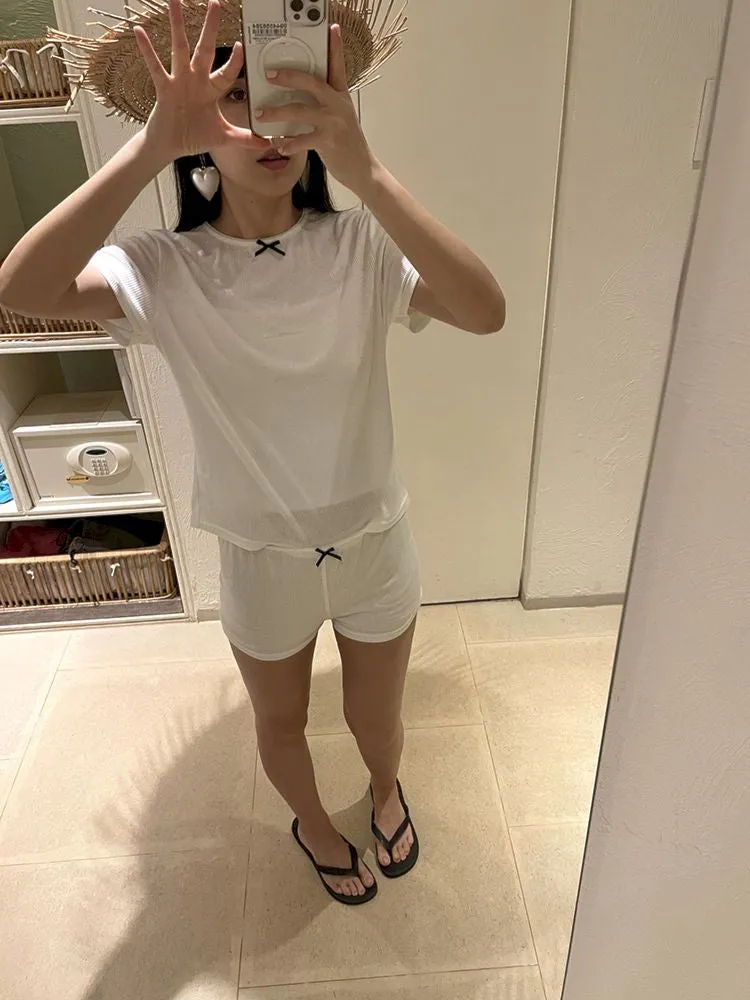 Bow Tie Flower Embellished Short Sleeve Shorts Set【s0000007448】