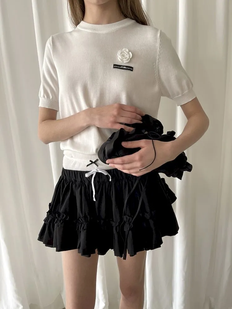 Bow Tie Flower Embellished Short Sleeve Shorts Set【s0000007448】