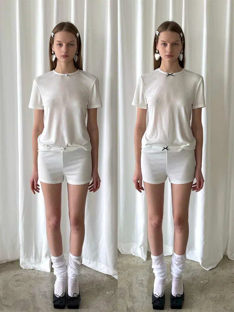 Bow Tie Flower Embellished Short Sleeve Shorts Set【s0000007448】