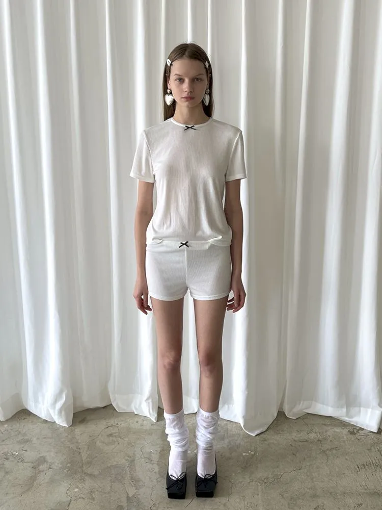 Bow Tie Flower Embellished Short Sleeve Shorts Set【s0000007448】