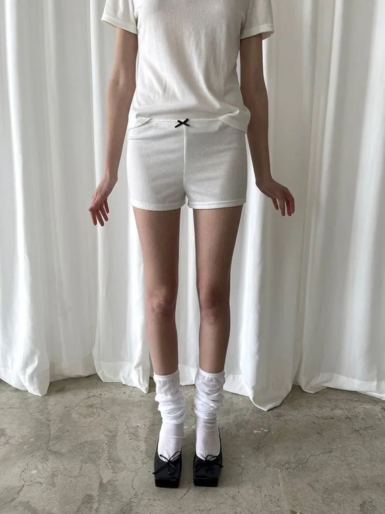 Bow Tie Flower Embellished Short Sleeve Shorts Set【s0000007448】