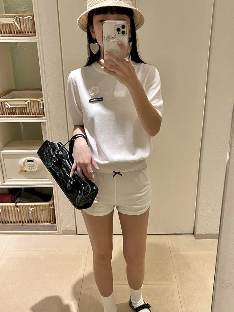 Bow Tie Flower Embellished Short Sleeve Shorts Set【s0000007448】