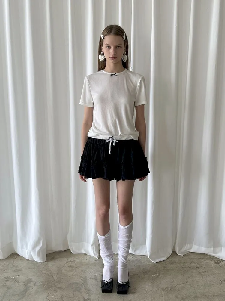 Bow Tie Flower Embellished Short Sleeve Shorts Set【s0000007448】