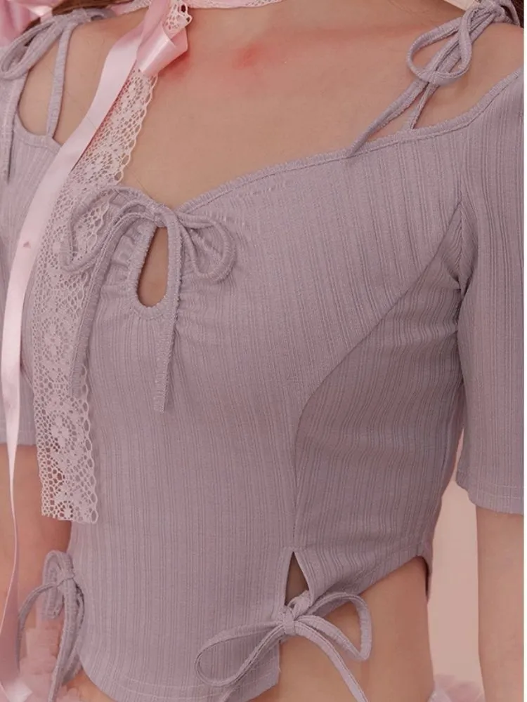 Bow Tie Tops Slim Short t-shirt【s0000006590】