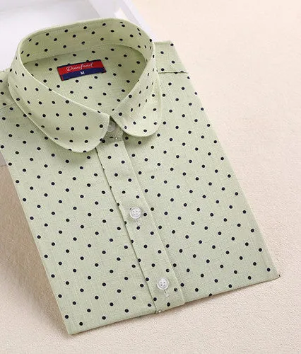 Brand Cotton Women Shirts Long Sleeve Blouse Polka Dot Turn Down Collar Women Tops