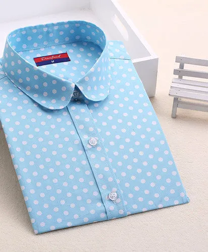 Brand Cotton Women Shirts Long Sleeve Blouse Polka Dot Turn Down Collar Women Tops
