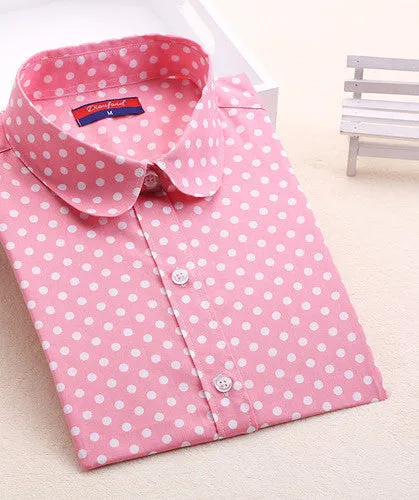 Brand Cotton Women Shirts Long Sleeve Blouse Polka Dot Turn Down Collar Women Tops