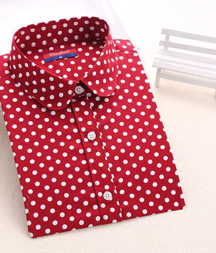 Brand Cotton Women Shirts Long Sleeve Blouse Polka Dot Turn Down Collar Women Tops