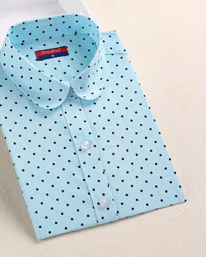Brand Cotton Women Shirts Long Sleeve Blouse Polka Dot Turn Down Collar Women Tops