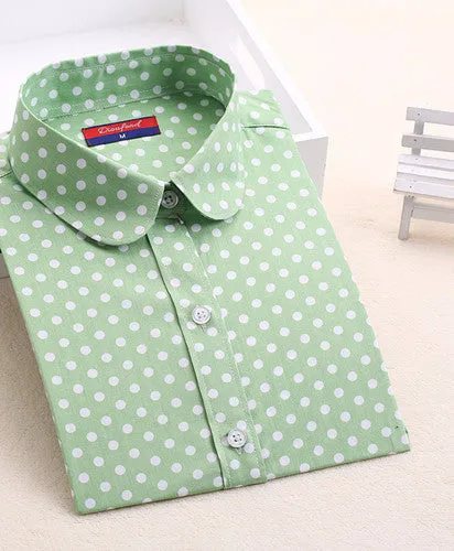 Brand Cotton Women Shirts Long Sleeve Blouse Polka Dot Turn Down Collar Women Tops