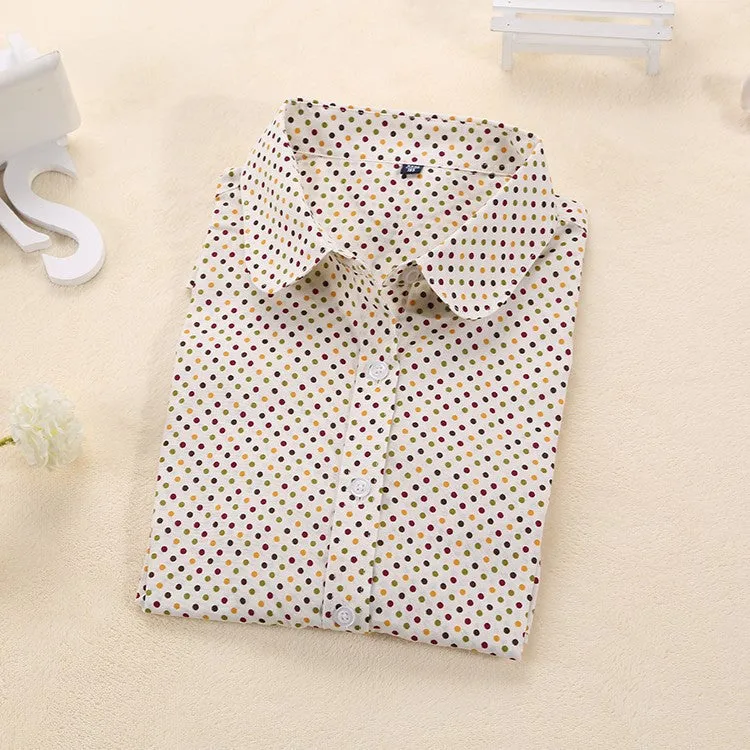 Brand Cotton Women Shirts Long Sleeve Blouse Polka Dot Turn Down Collar Women Tops