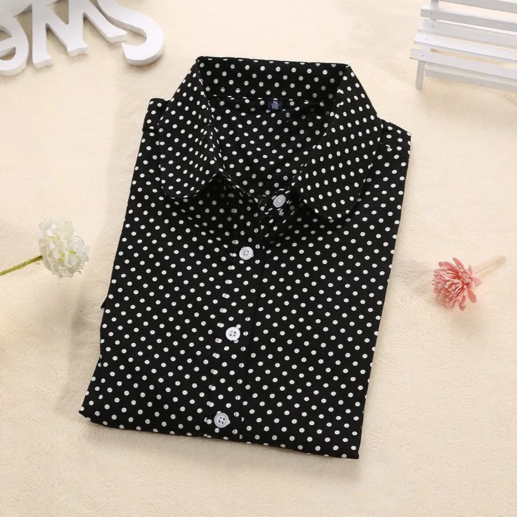 Brand Cotton Women Shirts Long Sleeve Blouse Polka Dot Turn Down Collar Women Tops