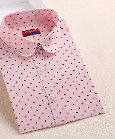 Brand Cotton Women Shirts Long Sleeve Blouse Polka Dot Turn Down Collar Women Tops