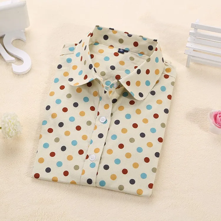Brand Cotton Women Shirts Long Sleeve Blouse Polka Dot Turn Down Collar Women Tops