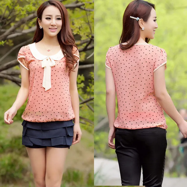 Brand Summer Style Blouse Casual Sweet Women Doll Collar Short Sleeve Tops Polka Dot Chiffon Shirt Blouse Summer Casual Shirt 41