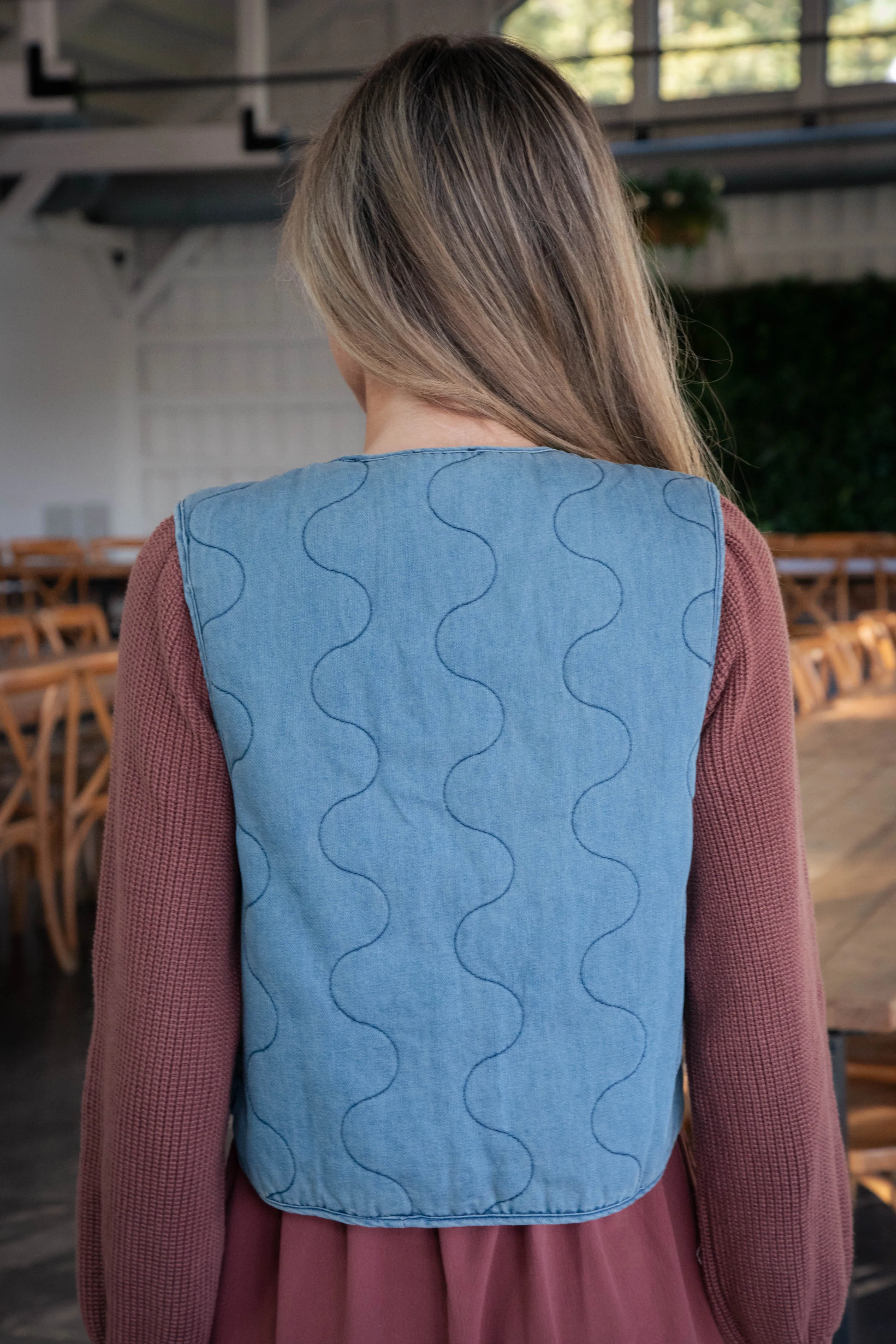 Brandi Curved Seam Bow Vest, Denim
