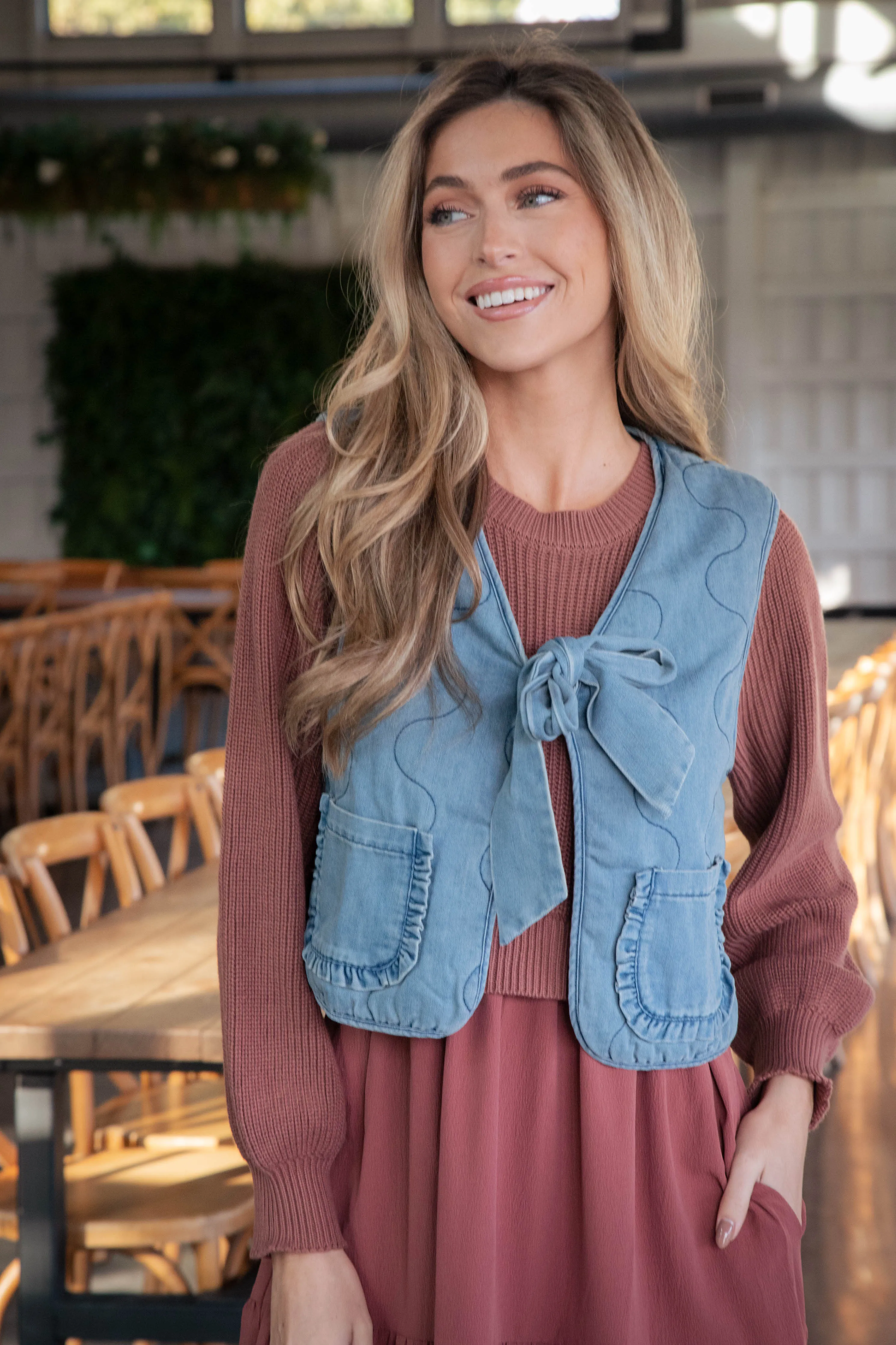 Brandi Curved Seam Bow Vest, Denim
