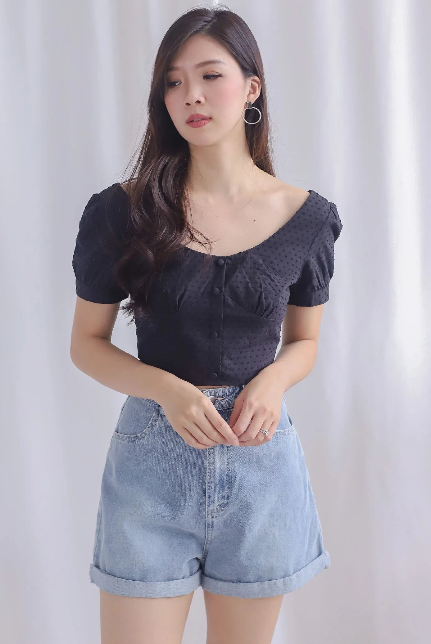 Britta Bustier Buttons Crop Top In Black Swiss dot