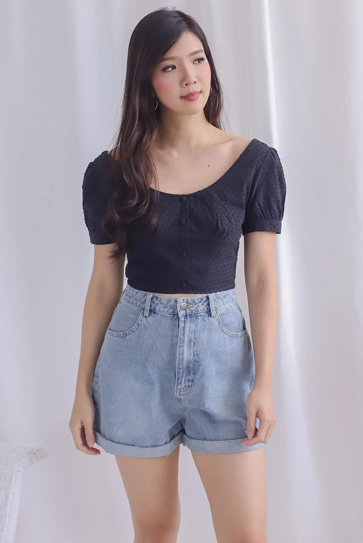 Britta Bustier Buttons Crop Top In Black Swiss dot