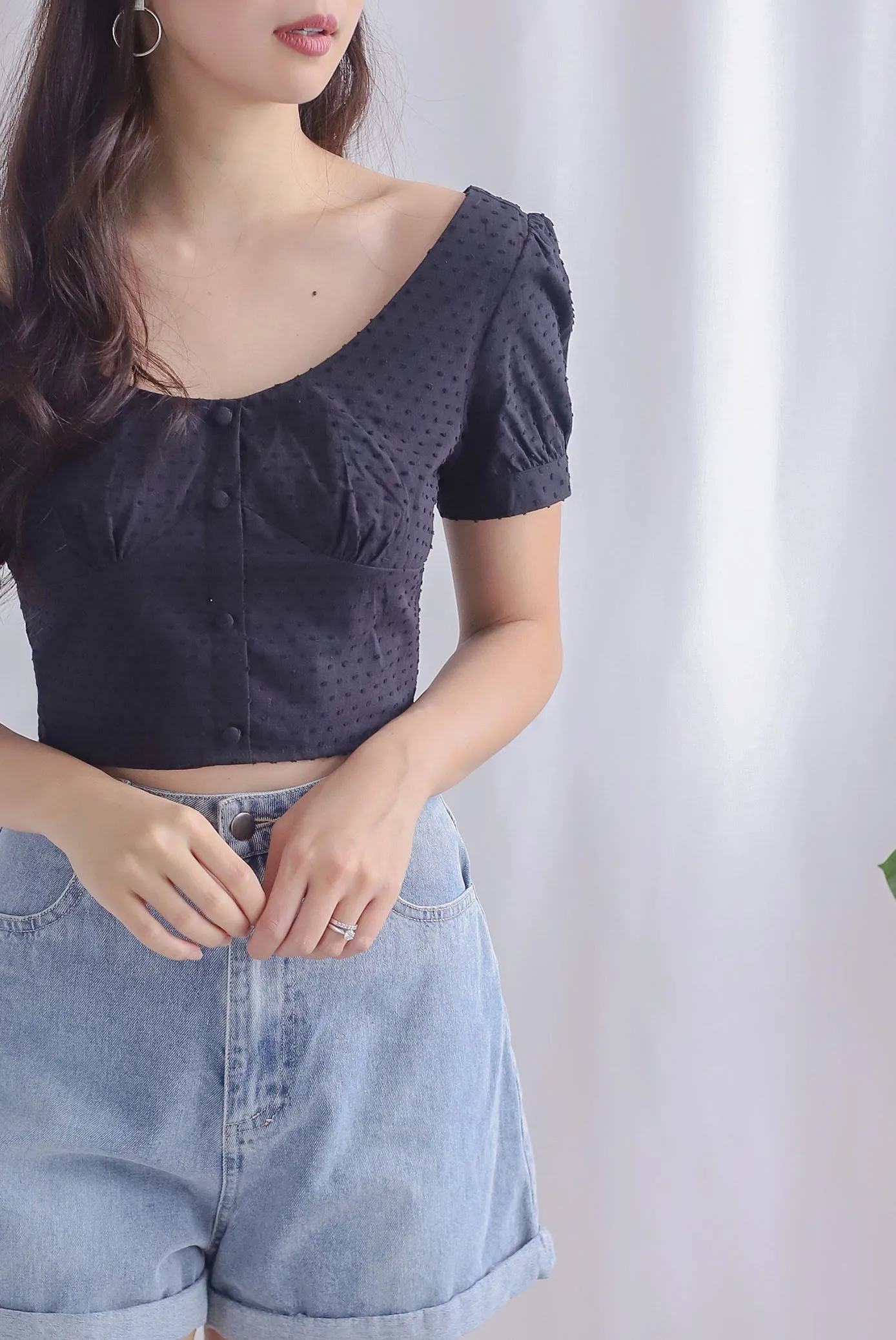 Britta Bustier Buttons Crop Top In Black Swiss dot