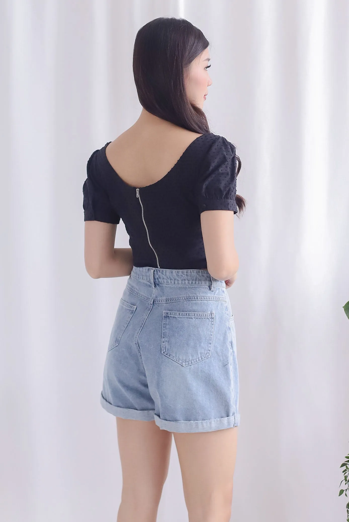 Britta Bustier Buttons Crop Top In Black Swiss dot