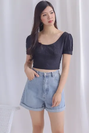 Britta Bustier Buttons Crop Top In Black Swiss dot