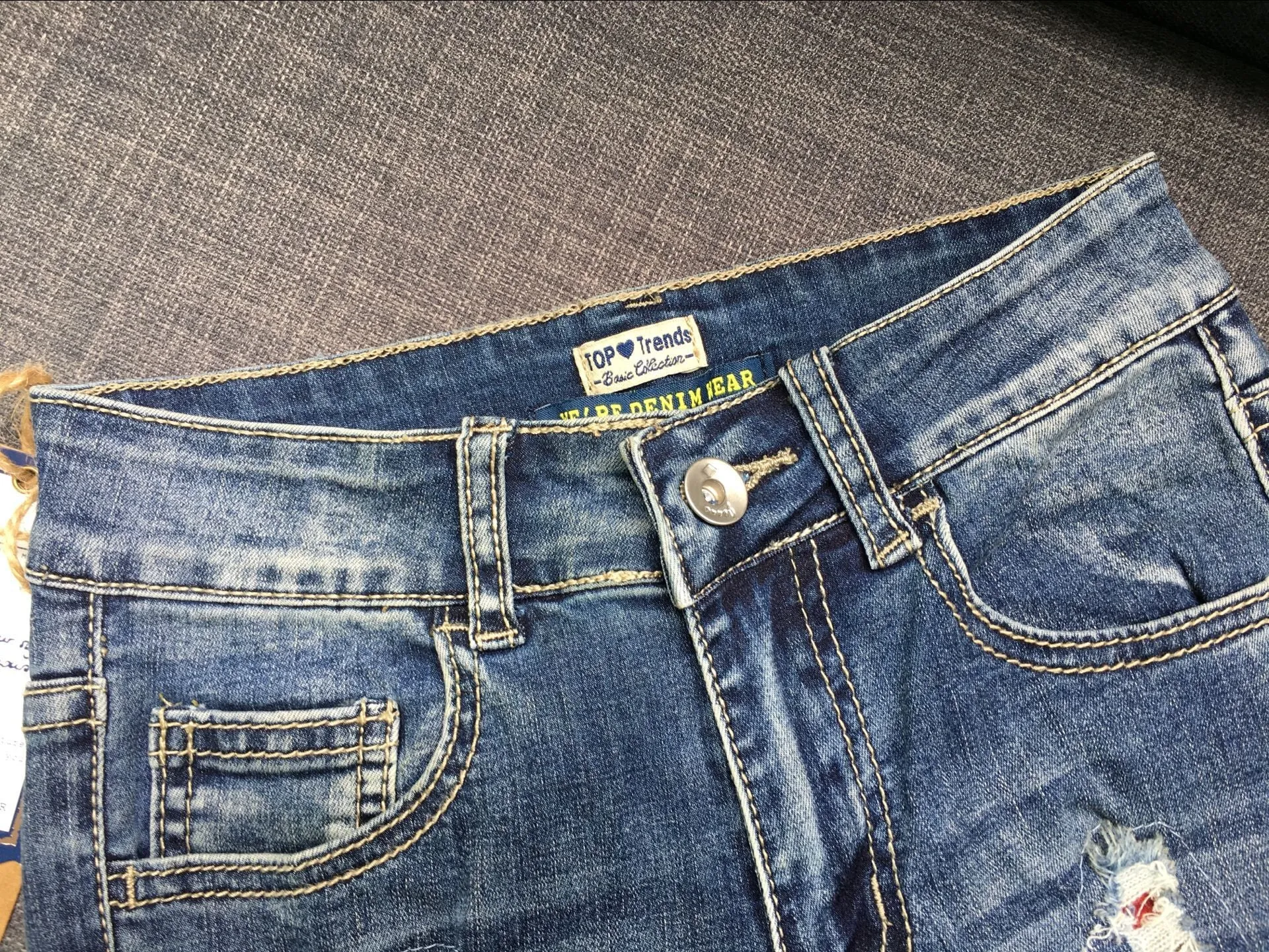 Broken Hole Checkered Washed Denim Trousers