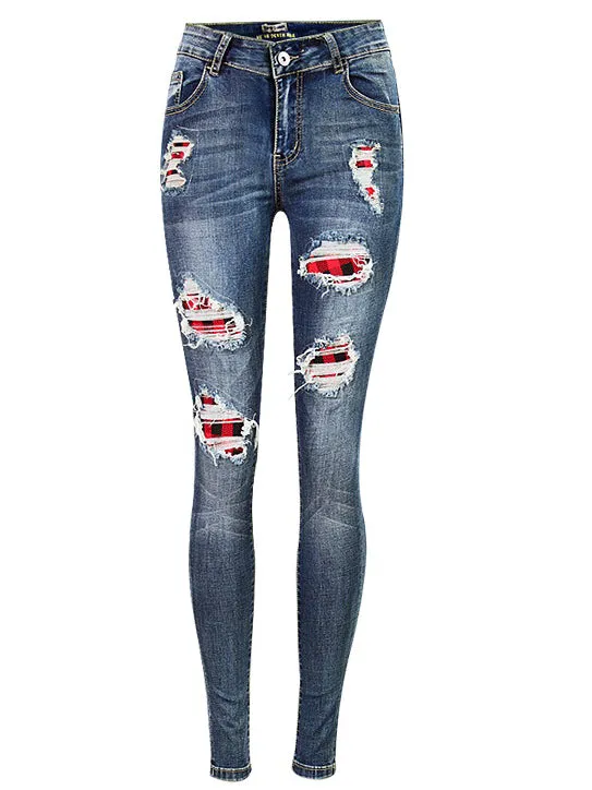 Broken Hole Checkered Washed Denim Trousers