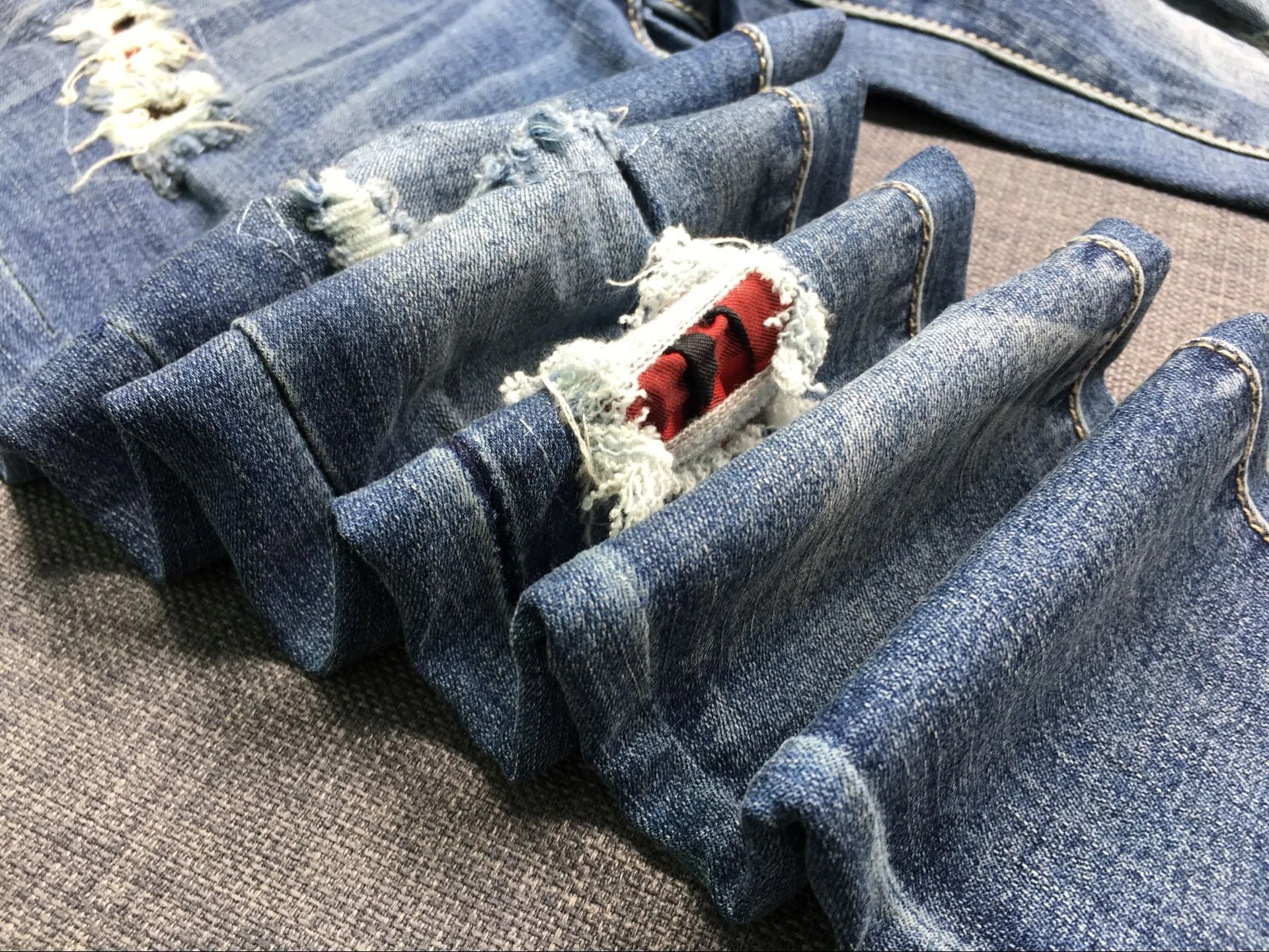 Broken Hole Checkered Washed Denim Trousers