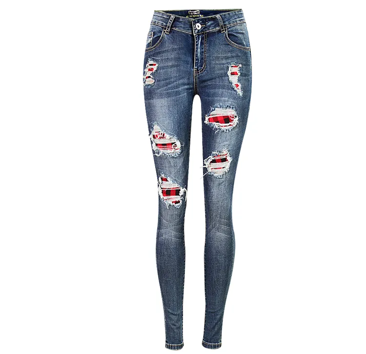 Broken Hole Checkered Washed Denim Trousers