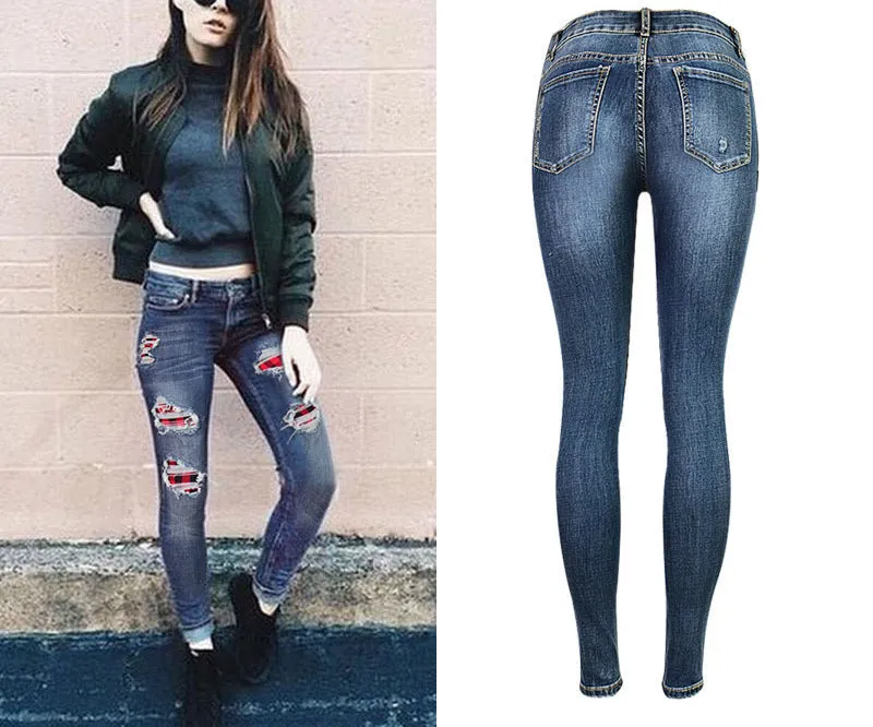 Broken Hole Checkered Washed Denim Trousers