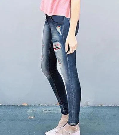Broken Hole Checkered Washed Denim Trousers