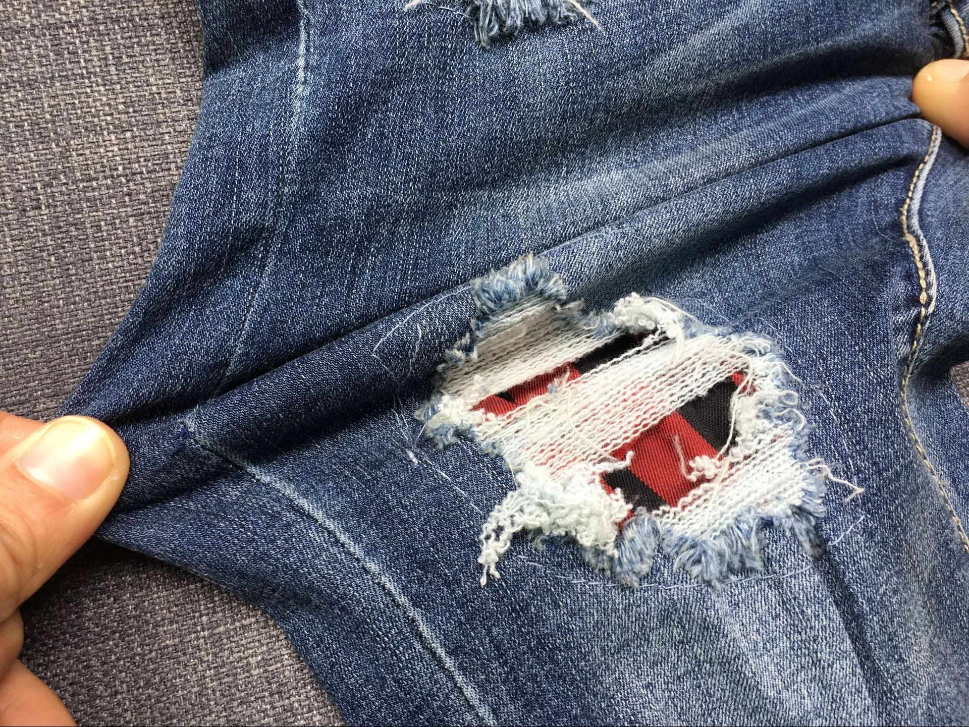 Broken Hole Checkered Washed Denim Trousers