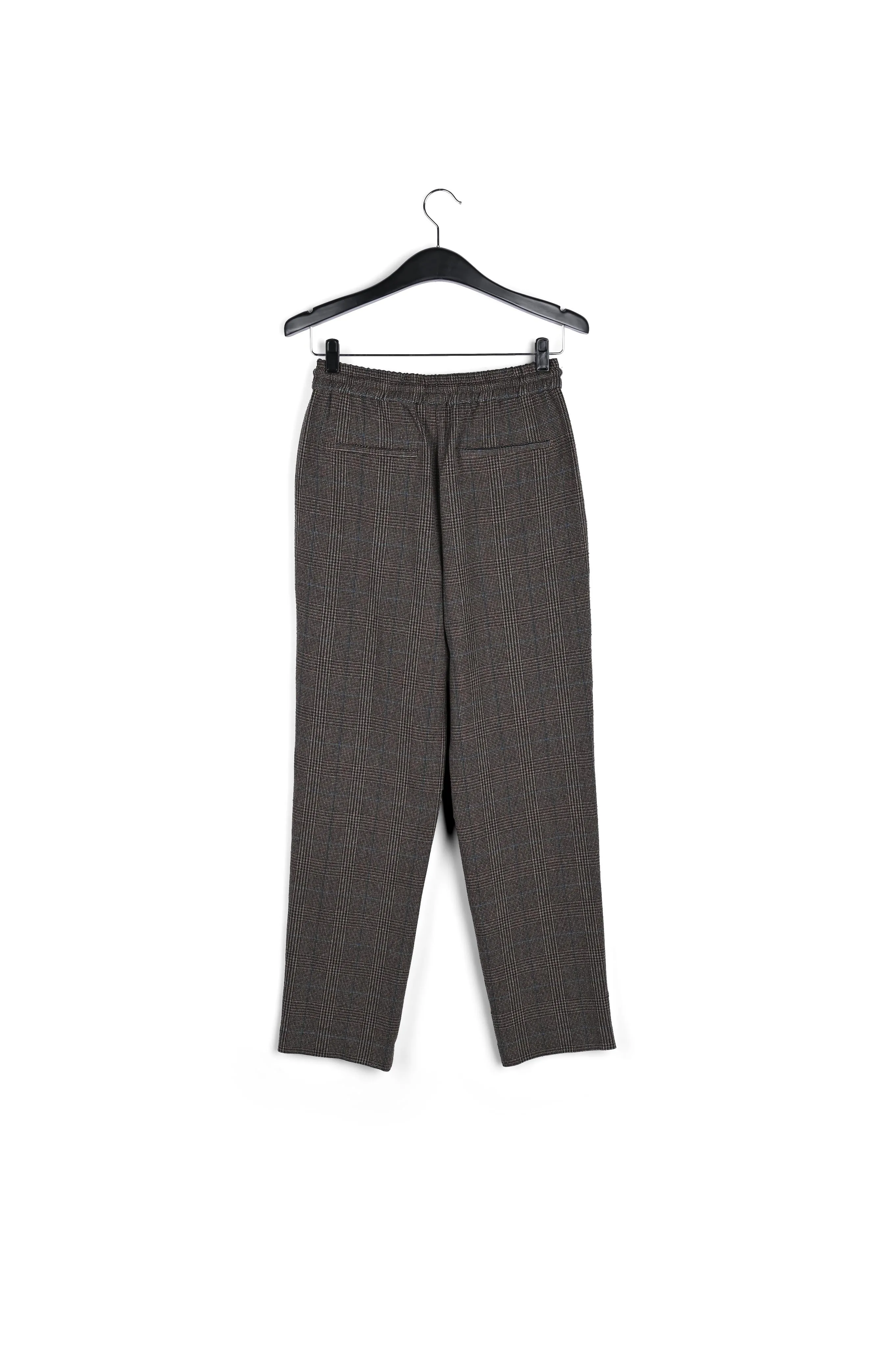 Brown pants with black and blue check motif