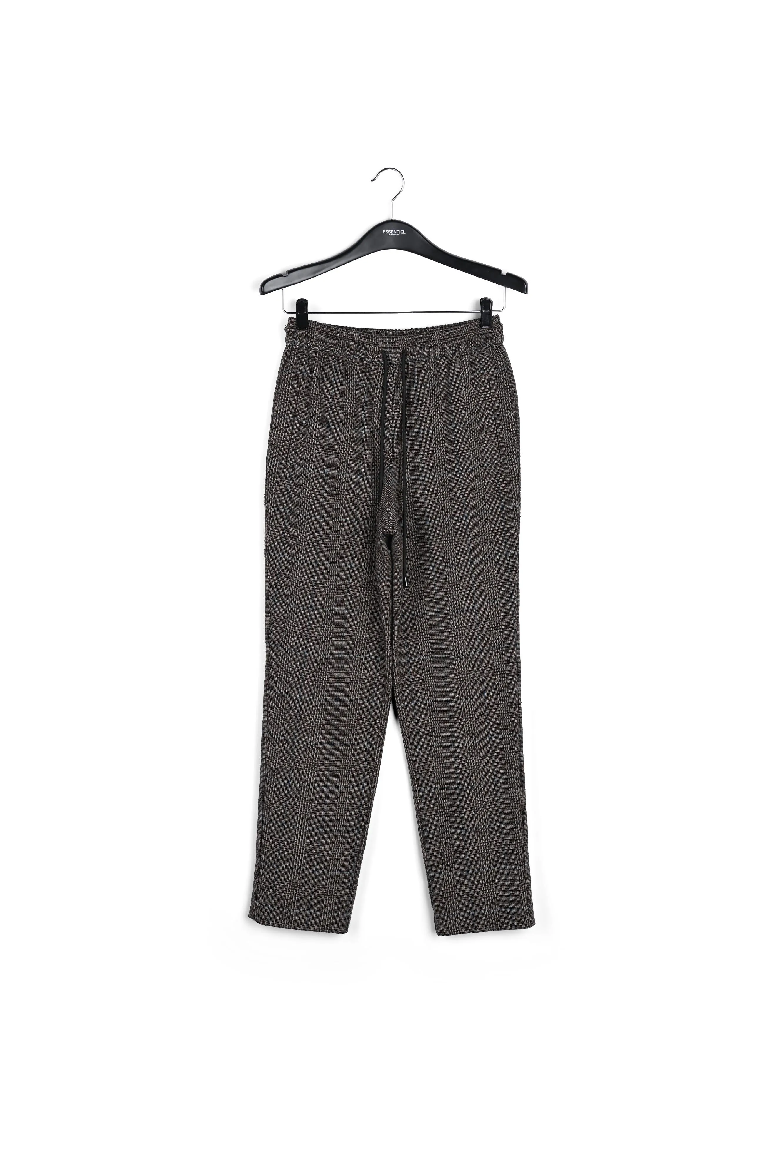 Brown pants with black and blue check motif