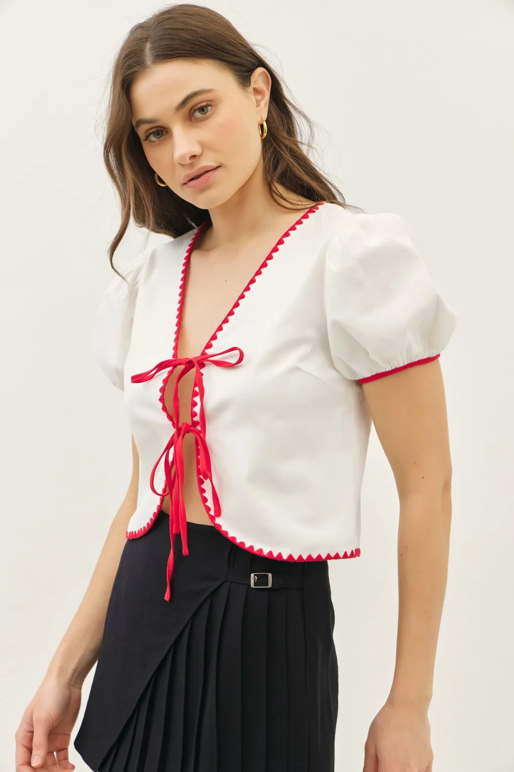 Bubble Sleeve Tie Front Top