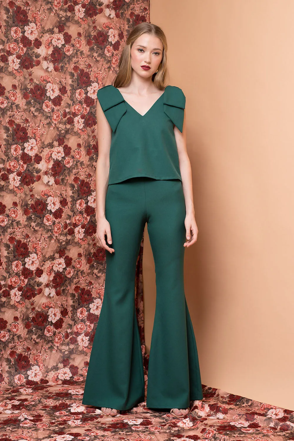 BUENA Bow Top with V Neckline (Emerald Green Crepe)