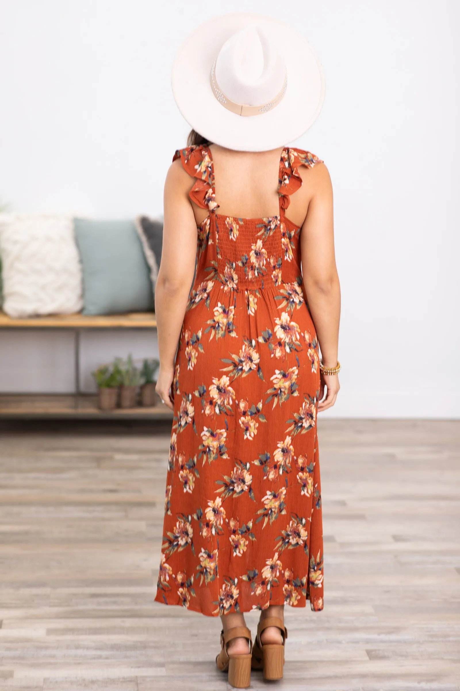 Burnt Orange Square Neck Floral Midi Dress