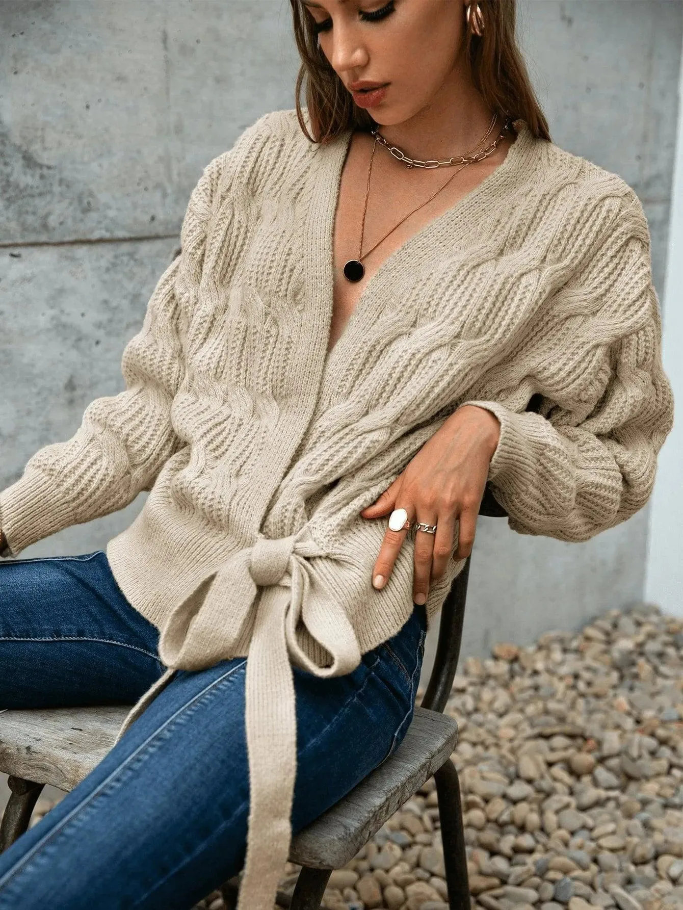 Cable Knit Drop Shoulder Wrap Knot Side Sweater