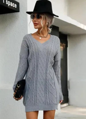 Cable Knit V-Neck Sweater Dress with Long Sleeves
